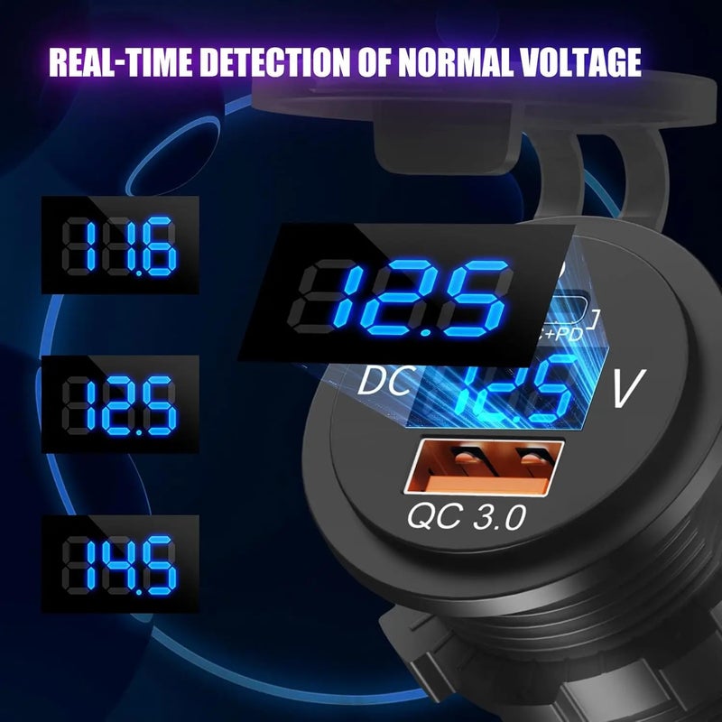 Bluejw 48W 12V LED Digital Voltmeter USB C Car Charger - QC 18W & PD 30W, Waterproof Cigarette Lighter Replacement, Dual USB Automobile Charger for Cars & More - Image 5